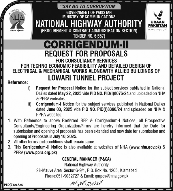 National Highway Authority Islamabad Tender Notice